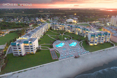 Aerial drone twilight photo of Florida resort.